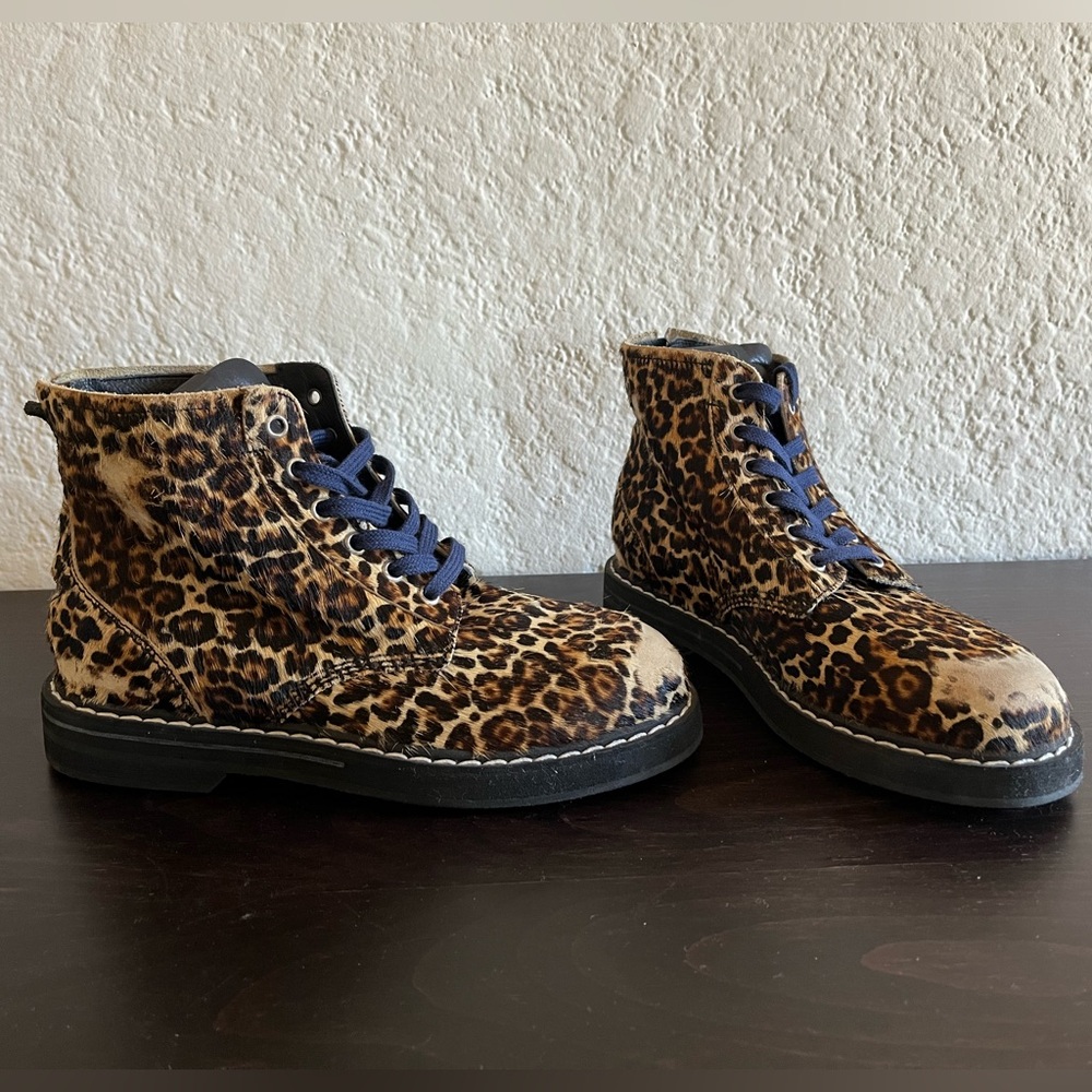 Golden Goose Leopard Print Combat Boots with Blue Laces